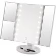 ISSAGE - MIR.LED.SUN.TRIPLE - 3-in-1 folding makeup cosmetic mirror with LED<h2>Triple folding mirror with LED light</h2>

<div style=margin-left:30px;>
<ul>
<li type=disc>4 mirrors with different sizes and multiple magnifications: 1x, 2x and 3x</li>
<li type=disc>Dimmable LED light from 300 to 1,000 LUX</li>
<li type=disc>Perfect viewing angle</li>
<li type=disc>Multi-function touch control</li>
<li type=disc>360 degree rotating frame</li>
<li type=disc>180 degree rotation</li>
<li type=disc>Sun Nature LED Light technology to simulate outdoor light</li>
<li type=disc>Requires 4 AAA batteries (not included)</li>
<li type=disc>Standing base with cosmetic storage space</li>
<li type=disc>Dimensions when open: 31.
 6x23.
 2 centimeters</li>
<li type=disc>Dimensions closed: 16x23.
 2 centimeters</li>
</ul>
</div>


Makeup mirror with LED light 3 in 1 that achieves, with Issage's Sun Nature technology, that you see the colors of your face the same as with outside light, without shadows or hidden details.