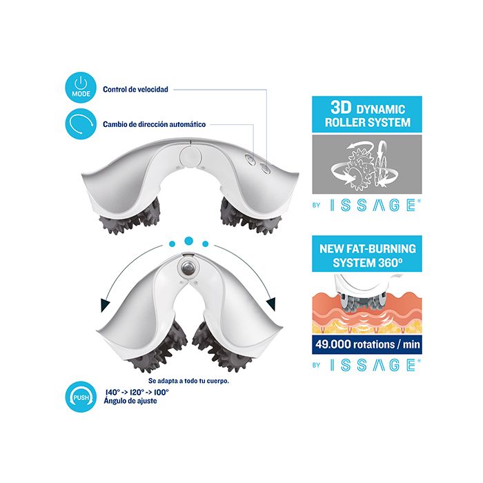 ISSAGE - FIRMING ROLLER - Masajeador anticelulítico de 49.000 rpm, favorece la circulación<h2>Elimina el exceso de grasa y mejora tu circulación</h2>

<div style=margin-left:30px;>
<ul>
<li type=disc>Idóneo para combinar con cremas: favorece la absorción</li>
<li type=disc>Ayuda a mejorar la circulación y el flujo linfático</li>
<li type=disc>3 velocidades</li>
<li type=disc>Dos ruedas de masaje relajante</li>
<li type=disc>Rotación de alta frecuencia para romper las cadenas de grasa</li>
<li type=disc>Tamaño reducido: 23 centímetros</li>
</ul>
</div>


¿Buscas una forma de reducir la celulitis en tu vientre, brazos o muslos? Con el masajeador anticelulítico Issage Firming Roller conseguirás la ayuda perfecta para conseguirlo.
 Su rotación de alta frecuencia te ayudará a romper las cadenas de grasa y a facilitar la absorción de cremas que te ayuden a cumplir tu objetivo.