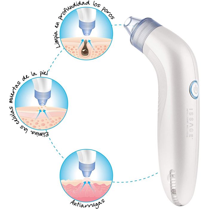 ISSAGE - SCHONER - Limpiador facial de poros <h2>Limpia los poros y reafirma la piel fácilmente con la tecnología PORE SUCTION SYSTEM de Issage</h2>

<div style=margin-left:30px;>
<ul>
<li type=disc>Incluye 4 cabezales intercambiables</li>
<li type=disc>3 velocidades para una limpieza suave y profunda</li>
<li type=disc>Diseño ergonómico, compacto y portátil para utilizar en casa o llevar de viaje</li>
<li type=disc>Batería de litio recargable incorporada</li>
<li type=disc>Carga USB</li>
</li>
</ul>
</div>


Potente extractor, succionador y limpiador de puntos negros y espinillas electrónico.

Elimina eficazmente las células muertas de la piel, las impurezas y los poros obstruidos.

Extractor de espinillas, grasa y el acné, también puede aumentar la circulación sanguínea y la elasticidad de la piel, exfoliar la piel muerta, disminuir las arrugas, reducir los poros, suavizar las líneas finas y conseguir una piel más radiante.