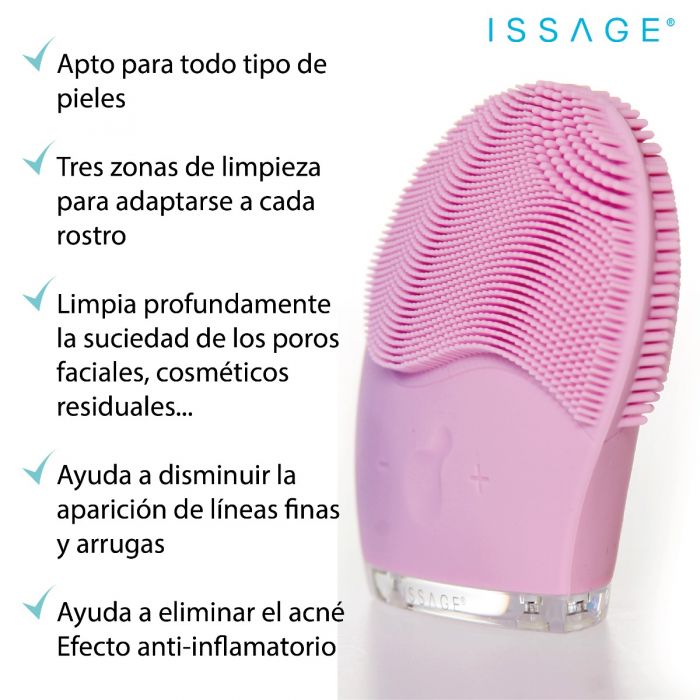 ISSAGE - CLEANLIGHT - Limpiador facial eléctrico con pulsaciones ultrasónicas rosa<h2>Ilumina tu cara</h2>
<div style=margin-left:30px;>
<ul>
<li type=disc>Tratamiento lumínico de tres colores</li>
<li type=disc>Tecnología de vibración ultrasónica de 7000 RPM </li>
<li type=disc>Tres zonas de limpieza para adaptarse a cada rostro y llegar a las zonas complicadas</li>
<li type=disc>Limpia los poros, piel más suave y brillante, previene la aparición de arrugas</li>
<li type=disc>Aumenta el nivel de colágeno</li>
<li type=disc>Fabricado con filamentos de silicona 100%</li>
<li type=disc>Impermeable para uso en la bañera o ducha (Grado de resistencia al agua IPX7)</li>
<li type=disc>Batería recargable de 250mAh</li>
<li type=disc>Carga rápida de la batería en sólo 2 horas</li>
<li type=disc>Incluye cable de carga USB</li>
<li type=disc>Compacto y portátil y ligero para llevarlo de viaje</li>
<li type=disc><a href=/es/catalogsearch/result/?q=cleanlight target=_self>Disponible en varios colores</a></li>
</ul>
</div>
Te sorprenderías de saber todos los beneficios que podrías obtener utilizando el limpiador facial Issage Cleanlight.
 Y todo ello gracias a su sensacional tecnología de tratamiento de luz; el tratamiento lumínico de la piel, que está revolucionando el mundo de la belleza.