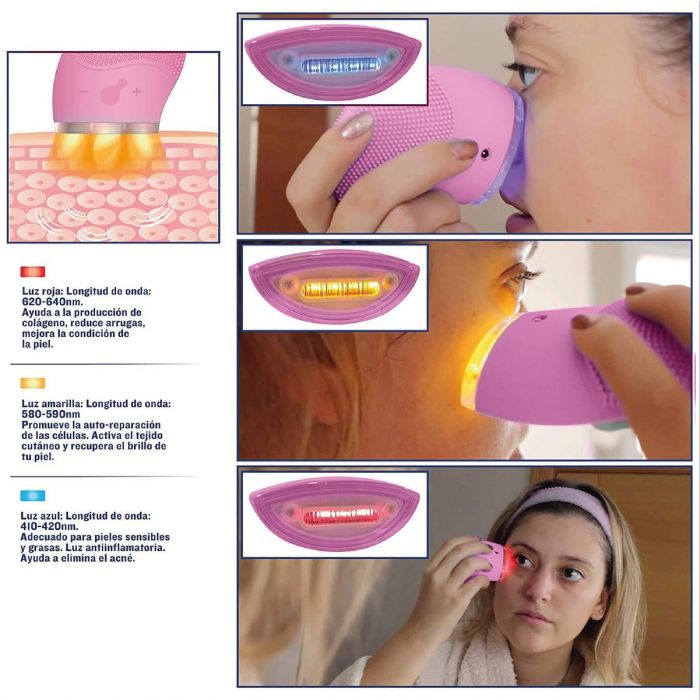 ISSAGE - CLEANLIGHT - Limpiador facial eléctrico con pulsaciones ultrasónicas rosa<h2>Ilumina tu cara</h2>
<div style=margin-left:30px;>
<ul>
<li type=disc>Tratamiento lumínico de tres colores</li>
<li type=disc>Tecnología de vibración ultrasónica de 7000 RPM </li>
<li type=disc>Tres zonas de limpieza para adaptarse a cada rostro y llegar a las zonas complicadas</li>
<li type=disc>Limpia los poros, piel más suave y brillante, previene la aparición de arrugas</li>
<li type=disc>Aumenta el nivel de colágeno</li>
<li type=disc>Fabricado con filamentos de silicona 100%</li>
<li type=disc>Impermeable para uso en la bañera o ducha (Grado de resistencia al agua IPX7)</li>
<li type=disc>Batería recargable de 250mAh</li>
<li type=disc>Carga rápida de la batería en sólo 2 horas</li>
<li type=disc>Incluye cable de carga USB</li>
<li type=disc>Compacto y portátil y ligero para llevarlo de viaje</li>
<li type=disc><a href=/es/catalogsearch/result/?q=cleanlight target=_self>Disponible en varios colores</a></li>
</ul>
</div>
Te sorprenderías de saber todos los beneficios que podrías obtener utilizando el limpiador facial Issage Cleanlight.
 Y todo ello gracias a su sensacional tecnología de tratamiento de luz; el tratamiento lumínico de la piel, que está revolucionando el mundo de la belleza.