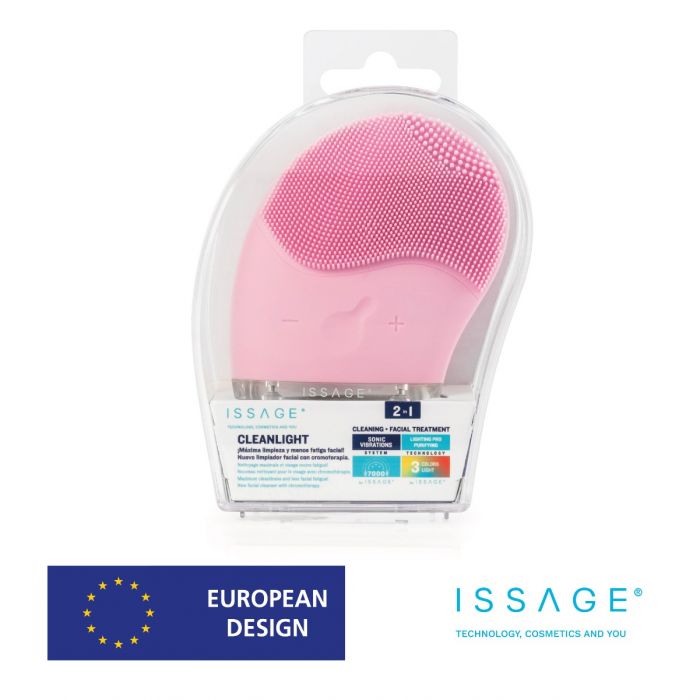 ISSAGE - CLEANLIGHT - Limpiador facial eléctrico con pulsaciones ultrasónicas rosa<h2>Ilumina tu cara</h2>
<div style=margin-left:30px;>
<ul>
<li type=disc>Tratamiento lumínico de tres colores</li>
<li type=disc>Tecnología de vibración ultrasónica de 7000 RPM </li>
<li type=disc>Tres zonas de limpieza para adaptarse a cada rostro y llegar a las zonas complicadas</li>
<li type=disc>Limpia los poros, piel más suave y brillante, previene la aparición de arrugas</li>
<li type=disc>Aumenta el nivel de colágeno</li>
<li type=disc>Fabricado con filamentos de silicona 100%</li>
<li type=disc>Impermeable para uso en la bañera o ducha (Grado de resistencia al agua IPX7)</li>
<li type=disc>Batería recargable de 250mAh</li>
<li type=disc>Carga rápida de la batería en sólo 2 horas</li>
<li type=disc>Incluye cable de carga USB</li>
<li type=disc>Compacto y portátil y ligero para llevarlo de viaje</li>
<li type=disc><a href=/es/catalogsearch/result/?q=cleanlight target=_self>Disponible en varios colores</a></li>
</ul>
</div>
Te sorprenderías de saber todos los beneficios que podrías obtener utilizando el limpiador facial Issage Cleanlight.
 Y todo ello gracias a su sensacional tecnología de tratamiento de luz; el tratamiento lumínico de la piel, que está revolucionando el mundo de la belleza.