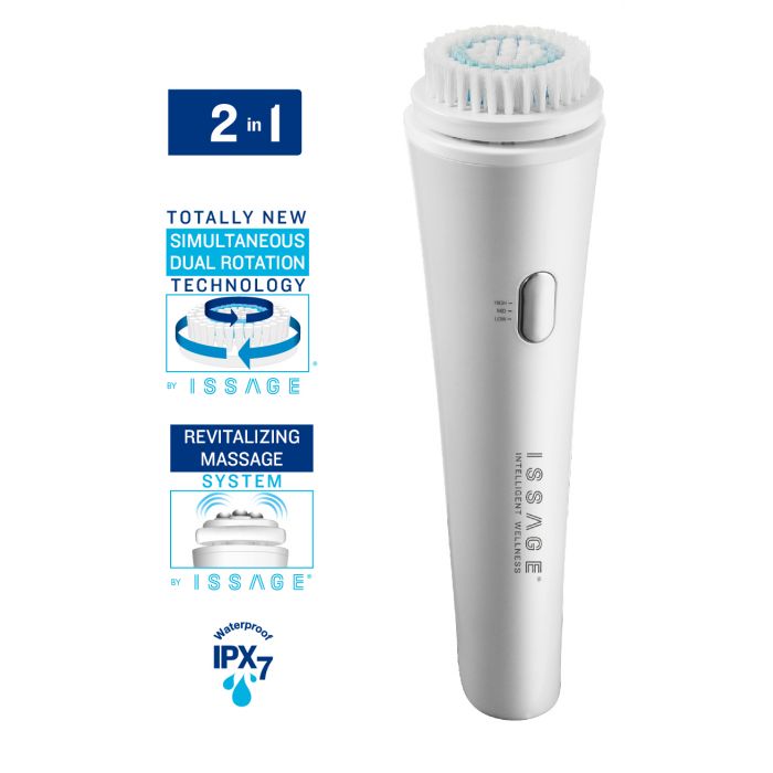ISSAGE - DUAL PURE - Cepillo de limpieza facial<h2>Consigue una limpieza de poros más profunda y una piel mucho más suave.
 Piel hasta 10 veces más limpia y radiante.
</h2>

<div style=margin-left:30px;>
<ul>
<li type=disc>Relaja la piel</li>
<li type=disc>Reduce las arrugas</li>
<li type=disc>Ergonómico</li>
<li type=disc>Cabezal intercambiable</li>
<li type=disc>3 velocidades</li>
<li type=disc>Peso ligero</li>
<li type=disc>Base de carga incluida</li>
</ul>
</div>


Con este cepillo de limpieza facial mejorarás la eficacia de los productos de limpieza o tratamiento facial.


Además mejorarás la microcirculación consiguiendo una piel más radiante.