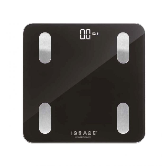 ISSAGE - SMART-MASS - Báscula de precisión de diagnóstico corporal<h2>Mucho más que una báscula de baño: informe corporal completo</h2>

<div style=margin-left:30px;>
<ul>
<li type=disc>Un diagnóstico corporal completo mediante 18 medidas</li>
<li type=disc>Analiza: peso, grasa, músculo, nutrientes, metabolismo, agua, etc.
</li>
<li type=disc>Con la aplicación AIFit controlarás todos los datos</li>
<li type=disc>Báscula grande y cómoda con vidrio templado resistente</li>
<li type=disc>Con 4 sensores de precisión</li>
<li type=disc>Dimensiones: 30x30 centímetros</li>
</ul>
</div>


La báscula de baño de alta precisión de Issage está diseñada para que puedas analizar hasta 18 parámetros esenciales para controlar tu salud.