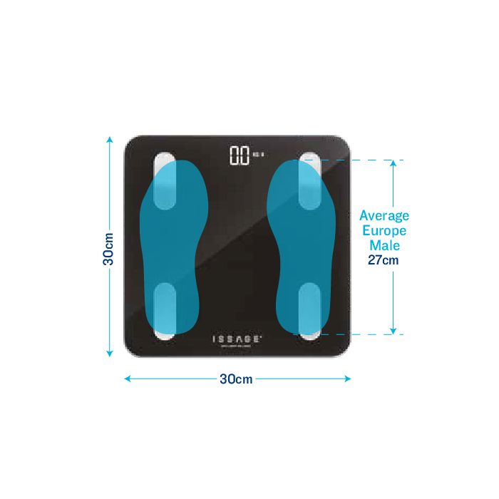 ISSAGE - SMART-MASS - Báscula de precisión de diagnóstico corporal<h2>Mucho más que una báscula de baño: informe corporal completo</h2>

<div style=margin-left:30px;>
<ul>
<li type=disc>Un diagnóstico corporal completo mediante 18 medidas</li>
<li type=disc>Analiza: peso, grasa, músculo, nutrientes, metabolismo, agua, etc.
</li>
<li type=disc>Con la aplicación AIFit controlarás todos los datos</li>
<li type=disc>Báscula grande y cómoda con vidrio templado resistente</li>
<li type=disc>Con 4 sensores de precisión</li>
<li type=disc>Dimensiones: 30x30 centímetros</li>
</ul>
</div>


La báscula de baño de alta precisión de Issage está diseñada para que puedas analizar hasta 18 parámetros esenciales para controlar tu salud.