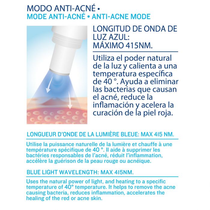 ISSAGE - DERMABLUE - Tratamiento fotónico anti-acné y antiarrugas con pulsaciones<h2>Tratamiento facial contra el acné que reduce granos e inflamaciones con luz azul</h2>

<div style = margin-left: 30px;>
<ul>
<li type = disc>Seguro, natural y reutilizable: tratamiento sin rayos UV y sin productos químicos.
</li>
<li type = disc>Longitud de onda de luz azul: Máximo 415 NM</li>
<li type = disc>45 minutos de autonomía</li>
<li type = disc>Tratamiento fotónico con luz azul con función de calor de 40 grados</li>
<li type = disc>Dispone de función lifting antiarrugas</li>
<li type = disc>Fácil de usar</li>
<li type = disc>Temporizador de tratamiento automático</li>
<li type = disc>Apagado automático</li>
</ul>
</div>


DERMABLUE utiliza el poder natural de la luz azul y calienta a una temperatura específica de 40º.

Ayuda a eliminar las bacterias que causan el acné, reduce la inflamación y acelera la curación de la piel roja.

Con la terapia con luz azul se trata el acné reduciendo las espinillas inflamadas existentes y combatiendo nuevas impurezas antes de que se produzcan.
 El objetivo es eliminar las bacterias causantes del acné, equilibrar la grasa y reducir los brotes de acné.