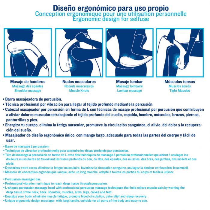 ISSAGE - MASSAVIB - Barra masajeadora de percusión 3D<h2>Con sólo 15 minutos conseguirás aliviar fácilmente los dolores musculares</h2>

<div style=margin-left:30px;>
<ul>
<li type=disc>Cabezal de masaje vibratorio</li>
<li type=disc>2 velocidades para un masaje personalizado</li>
<li type=disc>Masaje con percusión 3D y sistema de vibración</li>
<li type=disc>Mango largo de diseño ergonómico EASY SELFUSE de ISSAGE</li>
<li type=disc>Fácil de usar</li>
<li type=disc>Diseño elegante</li>
<li type=disc>Funciona conectado a la red eléctrica</li>
<li type=disc>Tiempo de uso sugerido: 15 minutos</li>
</ul>
</div>


MASSAVIB alivia fácilmente la fatiga y los dolores musculares por vibración en tejido profundo como <b>cuello, espalda, hombro, músculos, brazos, piernas, pantorrillas y pies</b>.





En combinación con la nueva <a href=https://www.
 issagewellness.
 com/es/catalog/category/view/s/cosmetica/id/8039/ target=_self>cosmética mediterránea de ISSAGE</a>, basada en extractos y activos vegetales del Mediterráneo, se consigue un tratamiento experto con resultados óptimos, únicos y sorprendentes.
