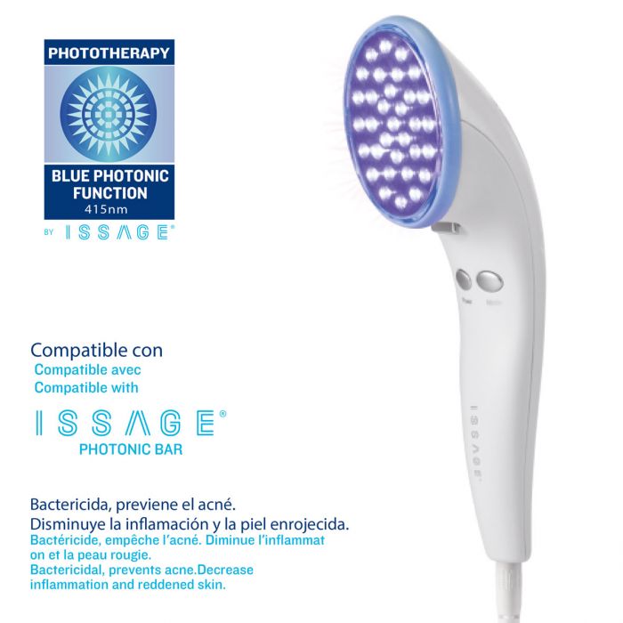 ISSAGE - PHOTONIC BAR - Cabezal de tratamiento de fototerapia con luz LED azul reemplazable<h2>Tratamiento experto para una piel más radiante, tersa y rejuvenecida.
</h2>
<div style=margin-left:30px;>
<ul>
<li type=disc>Cabezales de tratamiento LED reemplazables</li>
<li type=disc>Longitud de onda alrededor de 415 nm.
 </li>
<li type=disc>Indicado para pieles sensibles y grasas</li>
<li type=disc>Ayuda a eliminar las bacterias que causan el acné</li>
<li type=disc>Terapia de luz intensiva con 33 LED</li>
<li type=disc>Reduce la inflamación y proporciona un efecto de rejuvenecimiento general de la piel</li>
<li type=disc>Apto para cualquier parte del cuerpo</li>
<li type=disc>Ideal para el cuidado del rostro</li>
</ul>
</div>

<a href=/es/catalogsearch/result/?q=photonic target=_self>Cabezal de tratamiento compatible con PHOTONIC BAR - Tratamiento de fototerapia con luz LED roja reemplazable que estimula la producción de colágeno y mejora la circulación.
</a>