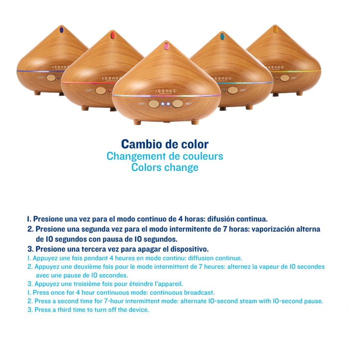 ISSAGE - DIFFWOOD - Difusor de aroma, purificador, humidificador y ambientador con cromoterapia<h2>Ideal para el hogar, oficina, dormitorio de SPA, espacio de yoga, habitación de bebé.
.
.
</h2>
<div style=margin-left: 30px;>
<ul>
<li type=disc>Iluminación LED de siete colores</li>
<li type=disc>Capacidad de 200 mililitros</li>
<li type=disc>Programa de 4 horas de vaporización continua y programa de 7 horas de vaporización alterna</li>
<li type=disc>Aumento de la humedad y control táctil inteligente para graduar la intensidad</li>
<li type=disc>Puedes utilizar tus esencias y aromas preferidos</li>
<li type=disc>Indicador de recarga incorporado</li>
<li type=disc>Sistema de ventilación del vapor</li>
<li type=disc>Función de apagado automático cuando está vacío</li>
<li type=disc>Color madera</li>
</ul>
</div>
 
Sus dos programas de 4 y 7 horas en combinación con la cromoterapia de 7 colores LED, facilitan la relajación y contribuyen al bienestar.