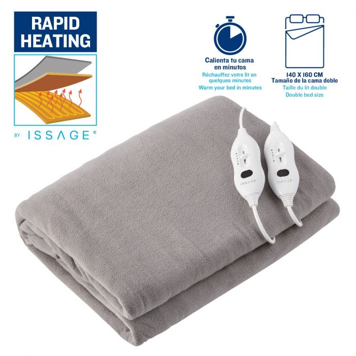 ISSAGE - RELI-BLANKET XL - Manta eléctrica de 140x160 centímetros para cama doble<h2>Calientacamas eléctrico ideal para cama de matrimonio</h2>
<div style=margin-left: 30px;>
<ul>
<li type=disc>3 niveles personalizables de temperatura</li>
<li type=disc>2 controladores de temperatura independientes</li>
<li type=disc>Cable de alimentación con controlador de 2,35 metros</li>
<li type=disc>Protección contra sobrecalentamiento</li>
<li type=disc>60W de potencia</li>
<li type=disc>Fabricado con lana, ideal para el buen descanso y el bienestar</li>
<li type=disc>Color gris</li>
<li type=disc>Distribución del calor homogéneo</li>
<li type=disc><a href=/es/catalogsearch/result/?q=RELI-BLANKET target=_self>Disponible en varias medidas</a></li>
</ul>
</div>
 Calienta tu cama en minutos y personaliza la temperatura a tu gusto gracias a sus 3 niveles de temperatura ajustables a 30, 40 y 50° con control de temperatura independiente para cada lado de la cama.