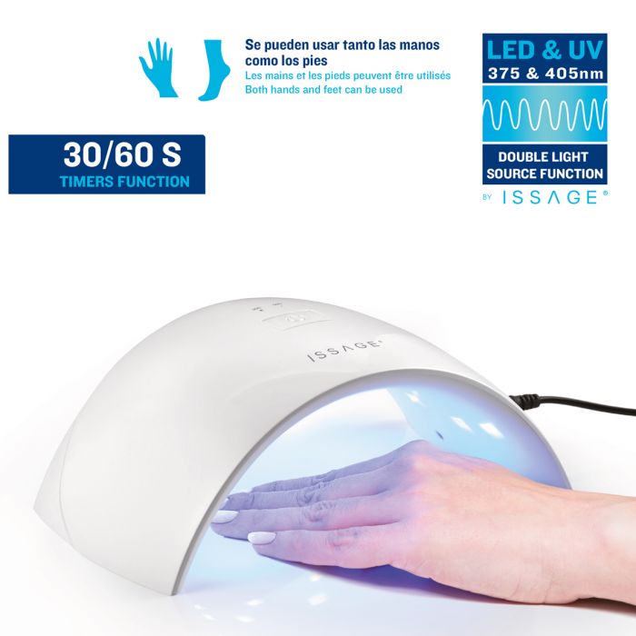 ISSAGE - LEDMOON - Lámpara LED UV para uñas de manos y pies con temporizador y sensor de movimiento<h2>Cómoda experiencia de centro Nai Art en casa</h2>
<div style=margin-left:30px;>
<ul>
<li type=disc>Temporizador personalizable de 30 y 60 segundos</li>
<li type=disc>Sensor infrarrojo de movimiento, se enciende y apaga automáticamente al introducir o sacar las manos o los pies</li>
<li type=disc>Garantiza un acabado perfecto de manera muy rápida</li>
<li type=disc>15 luces LED y UV</li>
</ul>
</div>


La lámpara Ledmoon de Issage funciona con luz ultravioleta y LED, de manera que endurece la de forma rápida y segura la manicura de manos y pies, garantizando un acabado perfecto de manera muy rápida.

Las luces LED son completamente respetuosas con la piel y los ojos, además son compatibles con cualquier tipo de gel de uñas.
 
La lámpara Ledmoon cuenta con un espectro de luz que cubre prácticamente cualquier tipo de esmalte y técnica.
 Es compatible con uñas de gel, geles restauradores, Nail Art y practica mente cualquier esmalte y técnica.