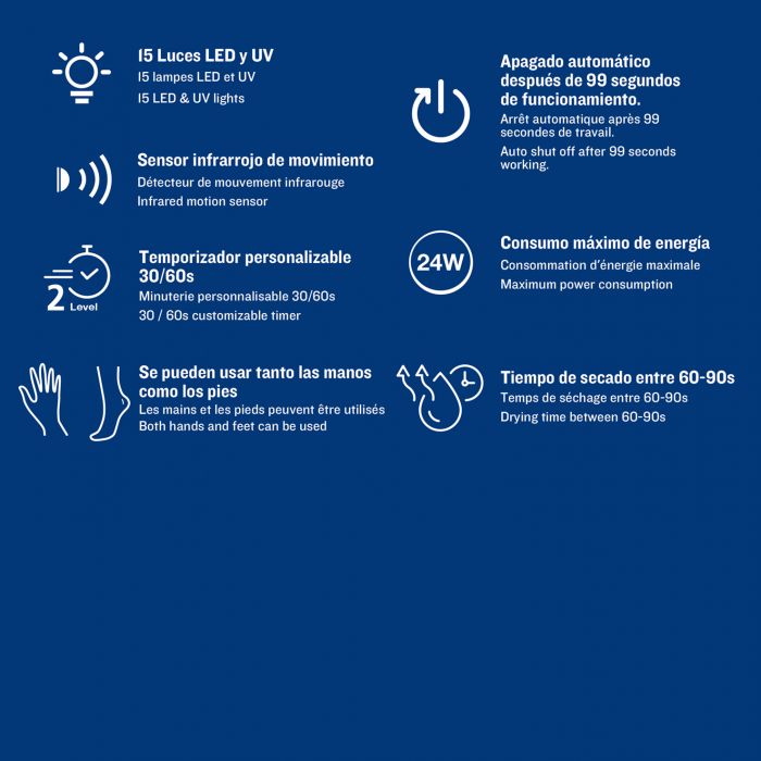 ISSAGE - LEDMOON - Lámpara LED UV para uñas de manos y pies con temporizador y sensor de movimiento<h2>Cómoda experiencia de centro Nai Art en casa</h2>
<div style=margin-left:30px;>
<ul>
<li type=disc>Temporizador personalizable de 30 y 60 segundos</li>
<li type=disc>Sensor infrarrojo de movimiento, se enciende y apaga automáticamente al introducir o sacar las manos o los pies</li>
<li type=disc>Garantiza un acabado perfecto de manera muy rápida</li>
<li type=disc>15 luces LED y UV</li>
</ul>
</div>


La lámpara Ledmoon de Issage funciona con luz ultravioleta y LED, de manera que endurece la de forma rápida y segura la manicura de manos y pies, garantizando un acabado perfecto de manera muy rápida.

Las luces LED son completamente respetuosas con la piel y los ojos, además son compatibles con cualquier tipo de gel de uñas.
 
La lámpara Ledmoon cuenta con un espectro de luz que cubre prácticamente cualquier tipo de esmalte y técnica.
 Es compatible con uñas de gel, geles restauradores, Nail Art y practica mente cualquier esmalte y técnica.