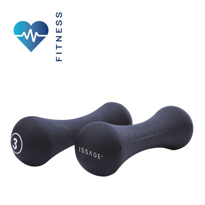 ISSAGE - FIT-DUMB.3 - Juego de 2 pesas de fitness de 3Kg<h2>Mancuernas ideales para ejercicios aeróbicos y tonificantes</h2>

<div style=margin-left:30px;>
<ul>
<li type=disc>El paquete incluye dos mancuernas</li>
<li type=disc>Revestimiento de goma antideslizante de color azul</li>
<li type=disc>Superficie texturizada cómoda y fácil de agarrar</li>
<li type=disc>Apto para mujer y hombre</li>
<li type=disc><a href=/es/catalogsearch/result/?q=fit-dumb target=_self>Disponibles con otros pesos</a></li>
</ul>
</div>


Juego de 2 pesas de 3Kg diseñadas para tonificar los brazos y la parte superior del cuerpo.

Las mancuernas son versátiles y te permiten crear una gran variedad de rutinas de entrenamiento.


Quema calorías, mejora la coordinación y corrige los gestos.
 Puedes utilizar las pesas en todo tipo de ejercicios aeróbicos y tonificantes.
 La superficie texturizada lo hace fácil y cómodo de agarrar, evita que las manos resbalen cuando sudas.


Issage ha desarrollado una línea de productos de fitness únicos.
 ¡Combínalos con diferentes entrenamientos para obtener unos resultados óptimos!