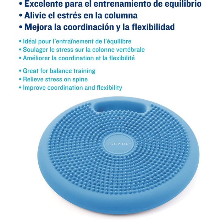 ISSAGE - FIT-DISC - Disco de equilibrio hinchable<h2>Excelente para el entrenamiento del equilibrio y mejorar la postura</h2>
<div style=margin-left:30px;>
<ul>
<li type=disc>Alivia el estrés en la columna</li>
<li type=disc>Mejora la coordinación y la flexibilidad</li>
<li type=disc>Ideal para yoga, fitness, rehabilitación, coordinación y pilates</li>
<li type=disc>Disco texturizado.
 Una cara es suave y la otra tiene protuberancias</li>
<li type=disc>Ligero y práctico para transportar con comodidad</li>
<li type=disc>Apto para todas las edades</li>
<li type=disc>Perfecto para usar en casa, en el trabajo, en el gimnasio y al aire libre</li>
<li type=disc>Bomba de mano incluida</li>
</ul>
</div>



Puedes ajustar el volumen de aire según tus necesidades y ejercicios mediante la bomba manual incluida.
 Bomba de mano compacta para un inflado rápido y práctico que permite ajustar la presión del disco, ofreciendo así más o menos dureza.



Issage ha desarrollado una línea de productos de fitness únicos.
 ¡Combínalos con diferentes entrenamientos para obtener unos resultados óptimos!