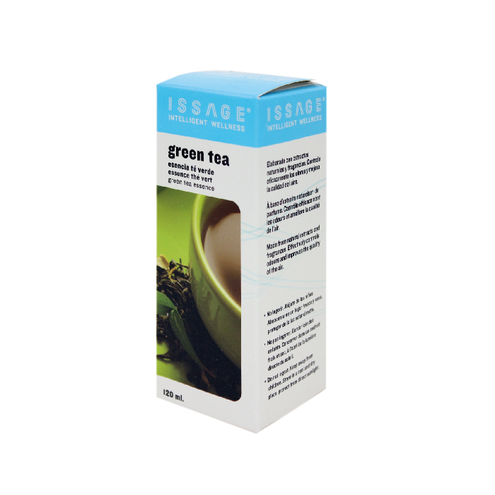 ISSAGE - GREEN TEA - Esencia ambientador de té verde de 120 mililitros<h2>Ideal para llenar ambientes de frescura y buenas vibraciones</h2>
<div style=margin-left:30px;>
<ul>
<li type=disc>Elaborado con extractos naturales y fragancias</li>
<li type=disc>Ayuda a mantener la calma y la armonía, previniendo el estrés y la angustia</li>
<li type=disc>120 mililitros</li>
<li type=disc><a href=/es/catalogsearch/result/?q=esencia+aceite target=_self>Disponibles más aromas, aceites y esencias</a></li>
</ul>
</div>
Esencia de té verde líquido para usar en los difusores de aroma, humidificadores, quemadores de incienso y otras lámparas aromáticas.
 Especialmente con la gama de difusores, humidificadores y ambientadores Issage.