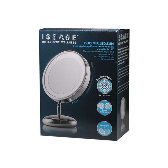 ISSAGE - DUO.MIR.LED.SUN - Double magnifying mirror<h2>Designed to facilitate makeup application</h2>

<div style=margin-left:30px;>
<ul>
<li type=disc>Double-sided mirror with led light</li>
<li type=disc>180 degree rotation</li>
<li type=disc>Adjustable angles</li>
<li type=disc>Up to 500% magnification</li>
<li type=disc>Portable and compact</li>
<li type=disc>Non-slip base</li>
<li type=disc>Works with 1 9V battery not included</li>
<ul>
</div>


Enjoy the double mirror with daylight that will allow you to appreciate the colors as if you were outside.