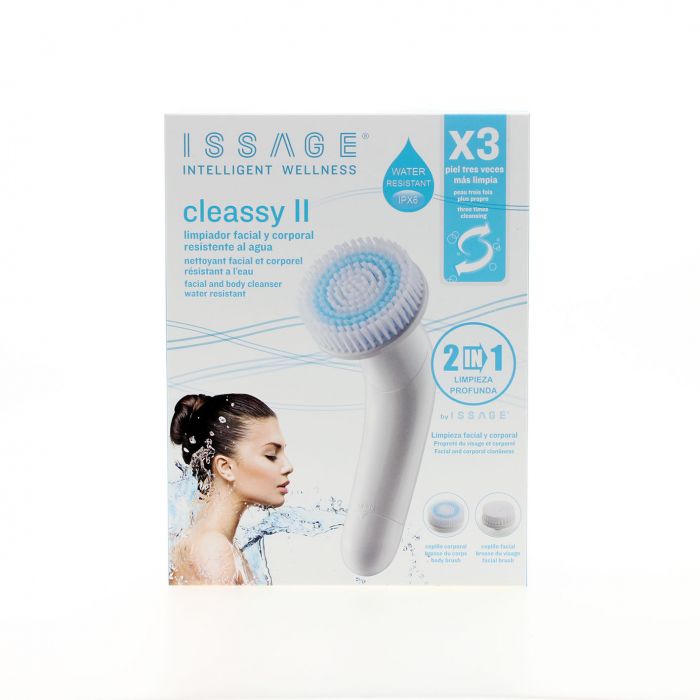 ISSAGE - CLEASSY II - Brosse nettoyante visage étanche<h2>Nettoyant corporel qui élimine les impuretés 3 fois plus que les manuels</h2>

<div style=margin-left:30px;>
<ul>
<li type=disc>Nettoyant facial électrique étanche</li>
<li type=disc>Avec deux vitesses, pour s'adapter à votre peau</li>
<li type=disc>Améliore l'absorption des crèmes de beauté</li>
<li type=disc>Exfolie en douceur la peau pour l'éclat</li>
<li type=disc>Résistant pour une utilisation avec tous les types de crèmes et gels</li>
<li type=disc>Brosse idéale pour les zones difficiles</li>
</ul>
</div>


La brosse nettoyante visage électrique d'Issage vous permettra d'éliminer le maquillage et les impuretés, ou d'améliorer l'absorption de vos soins de beauté, de manière confortable et facile.