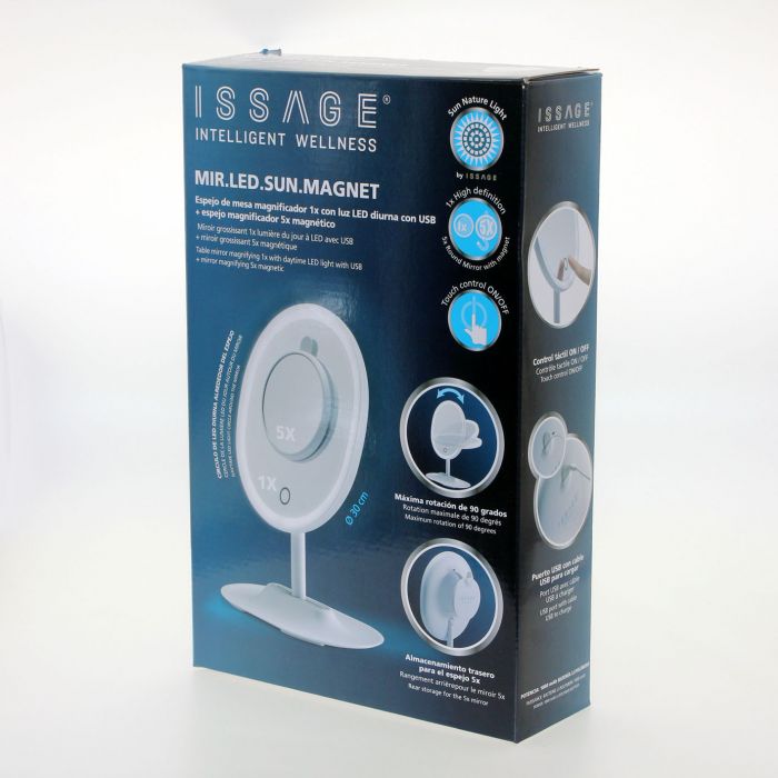 ISSAGE - MIR.LED.SUN.MAGNET - Double table mirror 1x magnifier and 5x magnifier with LED daylight with USB<h2>The ideal vanity accessory for retailers</h2>
<div style=margin-left:30px;>
<ul>
<li type=disc>Maximum rotation of 90 degrees</li>
<li type=disc>Extendable oval foot base</li>
<li type=disc>Touch control ON/OFF</li>
<li type=disc>1000mAh rechargeable Li-polymer battery</li>
<li type=disc>USB charging port with cable included</li>
<li type=disc>Includes rear storage for magnetic 5x magnifying mirror</li>
<li type=disc>1x mirror diameter: 30 centimeters</li>
<li type=disc>5x magnetic mirror diameter: 10 centimeters</li>
</ul>
</div>


2-in-1 oval mirror with natural LED light that will allow you to appreciate the colors as if you were in daylight and not lose detail with the 5-magnification magnetic mirror.



The led light turns on around the mirror by pressing lightly on the lower part of it.
 The second magnetic mirror fits anywhere on the larger mirror surface.