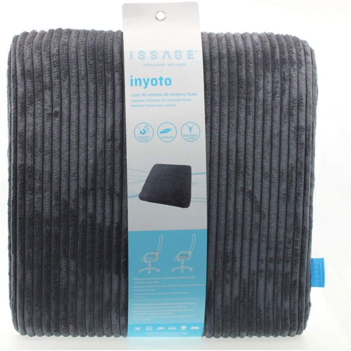 ISSAGE - INYOTO - Memory foam seat cushion<h2>Always carry it with you!</h2>

<div style=margin-left:30px;>
<ul>
<li type=disc>Made of high quality polyurethane foam</li>
<li type=disc>100% cotton cover with zipper and removable</li>
<li type=disc>Portable and suitable for all chairs</li>
<li type=disc>Easy to wash by hand or in the washing machine (filling is not machine washable)</li>
</ul>
</div>

This seat cushion developed by Issage, <b>improves body posture by relieving lower back and coccyx pain</b>.


Prevents lower back pain caused by incorrect postures during a car trip or in the office.


Ideal for long trips in the car, wheelchair, watching TV or using a PC.