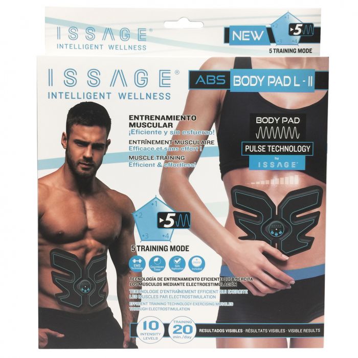 ISSAGE - ABS BODY PAD L-II - Muscle training with electrostimulation<h2>Efficient muscle training technology that exercises muscles daily without effort</h2>

<div style=margin-left:30px;>
<ul>
<li type=disc>Visible results in muscle mass in arms, legs and abs</li>
<li type=disc>Lightweight, wireless and compact silicone design that fits perfectly to your body</li>
<li type=disc>High performance electrodes that conduct the waves to the gel sheets</li>
<li type=disc>Easy Dashboard</li>
<li type=disc>Up to 10 intensity levels for progressive training</li>
<li type=disc>Measures: 22.
 5x19 centimeters approximately</li>
</ul>
</div>


Get a stronger body and a better physical appearance effortlessly with the electro muscular stimulation offered by ABS BODY PAD L-II
The super conductive gel sheets transmit the waves uniformly on the worked surface.