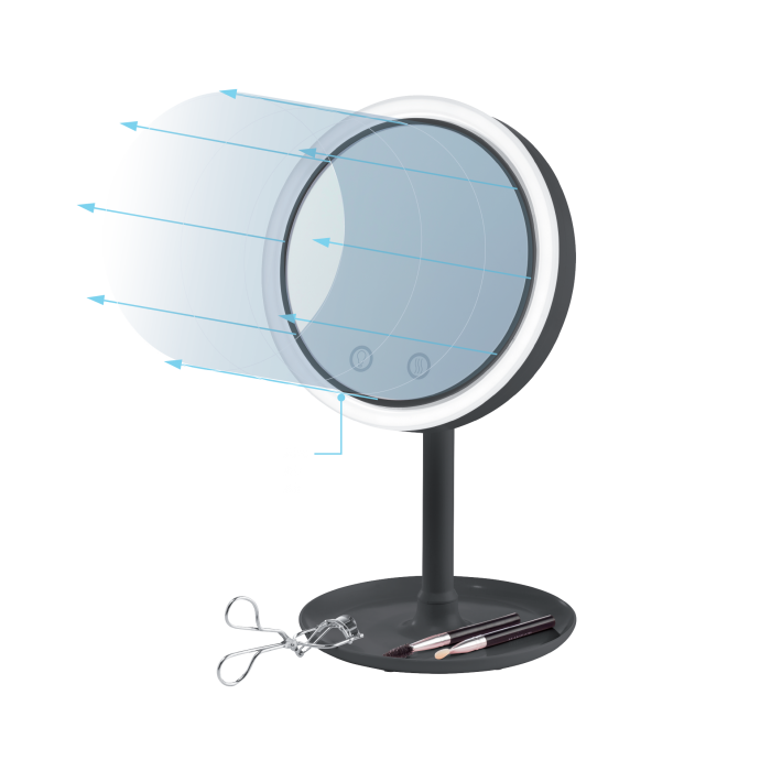 ISSAGE - MIR.LED.SUN.FUN - Mirall giratori amb llum LED i difusor d'aire integrat<h2>Dissenyat per facilitar l'aplicació i assecat del maquillatge, perquè no et perdis cap detall</h2>
<div style=margin-left:30px;>
<ul>
<li type=disc>Rotació ajustable de 180 graus</li>
<li type=disc>Control tàctil del ventilador</li>
<li type=disc>Control tàctil de la llum amb un únic botó ON/OFF</li>
<li type=disc>Inclou safata d'emmagatzematge de 17,5 centímetres per desar els estris</li>
<li type=disc>Base antilliscant</li>
<li type=disc>Dimensions: 33,5 centímetres d'alçada i 16,5 centímetres de diàmetre</li>
<li type=disc>Funciona amb 4 piles AA (no incloses)</li>
<li type=disc>Portàtil, compacte i fàcil de desar</li>
</ul>
</div>

Mirall de maquillatge amb difusor d'aire integrat per a un assecat ràpid després del maquillatge i tecnologia Sun Nature LED Light que distribueix la llum uniformement, imitant la llum natural.


Aporta Llum LED blanca i natural de forma circular per veure el teu rostre igual que a l'exterior.