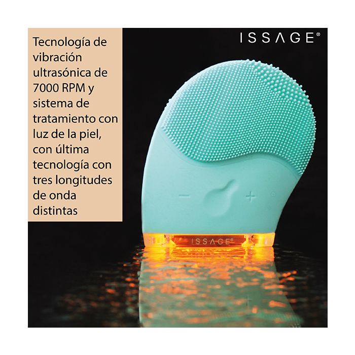 ISSAGE - CLEANLIGHT - Electric facial cleanser with ultrasonic pulsations blue<h2>Light up your face</h2>
<div style=margin-left:30px;>
<ul>
<li type=disc>Three color light treatment</li>
<li type=disc>7000 RPM ultrasonic vibration technology</li>
<li type=disc>Three cleansing zones to adapt to each type of face and reach the complicated areas</li>
<li type=disc>Cleans pores, smoother and brighter skin, prevents the appearance of wrinkles</li>
<li type=disc>Increases the level of collagen</li>
<li type=disc>Made with 100% silicone filaments</li>
<li type=disc>Waterproof for use in the bath or shower (Water resistance rating IPX7)</li>
<li type=disc>250mAh rechargeable battery</li>
<li type=disc>Fast battery charge in just 2 hours</li>
<li type=disc>Includes USB charging cable</li>
<li type=disc>Compact and portable and lightweight for travel</li>
<li type=disc><a href=/eng/catalogsearch/result/?q=cleanlight target=_self>Available in various colors</a></li>
</ul>
</div>
You'd be surprised at all the benefits you could get from using Issage Cleanlight facial cleanser.
 And all this thanks to its sensational light treatment technology; the light treatment of the skin, which is revolutionizing the world of beauty.