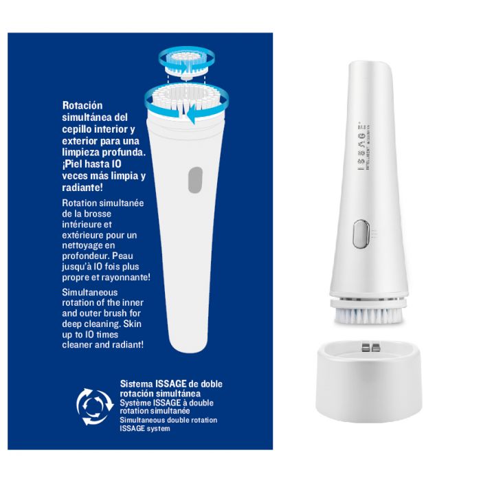 ISSAGE - DUAL PURE - Facial cleansing brush<h2>Get a deeper pore cleansing and a much smoother skin.
 Skin up to 10 times cleaner and more radiant.
</h2>

<div style=margin-left:30px;>
<ul>
<li type=disc>Soothes the skin</li>
<li type=disc>Reduce wrinkles</li>
<li type=disc>Ergonomic</li>
<li type=disc>Interchangeable head</li>
<li type=disc>3 speed</li>
<li type=disc>Lightweight</li>
<li type=disc>Charging base included</li>
</ul>
</div>


With this facial cleansing brush you will improve the effectiveness of facial cleansing or treatment products.


You will also improve microcirculation, achieving more radiant skin.