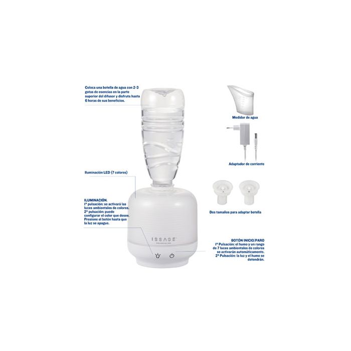 ISSAGE - DAFUN - Diffuseur d'arômes, purificateur, humidificateur et assainisseur d'air<h2>Augmentez l'humidité et remplissez votre maison de l'arôme que vous aimez le plus</h2>

<div style=margin-left:30px;>
<ul>
<li type=disc>Éclairage LED avec 7 couleurs différentes</li>
<li type=disc>Commande tactile intelligente</li>
<li type=disc>Alarme lorsque le niveau d'eau est bas</li>
<li type=disc>Compteur d'eau inclus</li>
<li type=disc>Adaptateur secteur inclus</li>
<li type=disc>Comprend deux adaptateurs pour mettre la bouteille</li>
<li type=disc>Ultrasonique et silencieux avec le système ULTRA SONIC d'Issage</li>
<li type=disc>Dimensions : environ 10 x 11 centimètres</li>
</ul>
</div>

Améliorez la qualité de l'air de votre maison avec cet humidificateur d'arôme et profitez de la combinaison de 7 couleurs qui facilitent la détente et contribuent au bien-être.


Si vous le souhaitez, vous pouvez sélectionner une couleur spécifique ou éteindre la lumière.


Une bouteille peut être placée sur le dessus et vous pouvez profiter jusqu'à 6 heures de ses bienfaits.