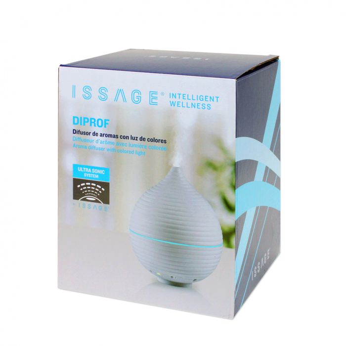 ISSAGE - DIPROF - Aroma diffuser with 5-color LED light<h2>Purifier, humidifier and air freshener all in one</h2>

<div style=margin-left:30px;>
<ul>
<li type=disc>Ultrasonic and silent</li>
<li type=disc>LED light with 5 different colors</li>
<li type=disc>Touch control</li>
<li type=disc>Auto power off</li>
<li type=disc>Capacity: 300 milliliters</li>
</ul>
</div>

Improve the air quality in your home with this aroma humidifier to create a relaxing environment by adding essential oils or scents.


The electric diffuser for essential oils with a capacity of 300 milliliters, hardly makes any noise, is super quiet! And very easy to use, it only has two buttons, one for the mist and the other for the LED light.
 VERY EASY! 
The humidifier and aroma diffuser will turn off automatically when the water runs out.