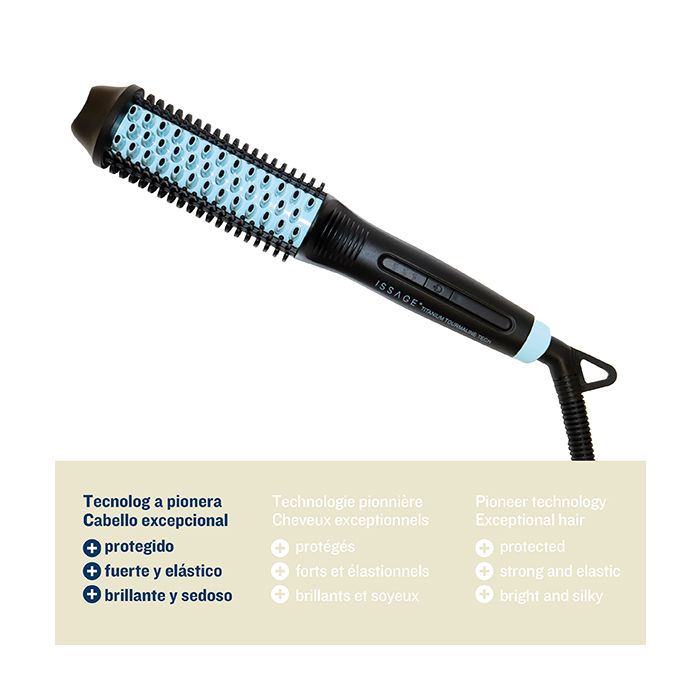 ISSAGE - TUTTO TBT - Multi-Purpose Anti-Frizz & Volume Effect Brush<h2>Straightens, waves, molds, untangles and gives volume</h2>
<div style=margin-left:30px;>
<ul>
<li type=disc>Titanium Keratin Tourmaline anti-frizz technology</li>
<li type=disc>The best way to add volume to all hair types</li>
<li type=disc>3 temperatures: 160º, 180º, 200º</li>
<li type=disc>Instant heating and temperature rise</li>
<li type=disc>360º swivel cord</li>
<li type=disc>Cool touch and ergonomic design for optimal support</li>
<li type=disc>Top quality keratin coated picks</li>
<li type=disc>With self-protection system</li>
</ul>
</div>

 
The Tutto TBT anti-frizz brush is so versatile that you will not need any other device to achieve your favorite looks with maximum satin.
 Straighten, shape, wave, detangle or volumize your hair in the simplest and most effective way with a smooth glide.