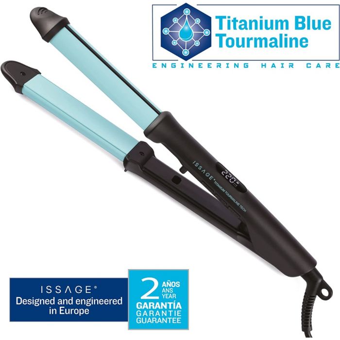 ISSAGE - CURLISS OPTIMA TBT - 2-in-1 professional ionic hair straightener and curler<h2>Waves, straightens and curls quickly, safely and efficiently!</h2>
<div style=margin-left:30px;>
<ul>
<li type=disc>Ironic professional Blue Titanium and Tourmaline hair straightener and curling iron</li>
<li type=disc>Removable cover</li>
<li type=disc>Digital temperature regulation from 170 to 220º</li>
<li type=disc>High precision digital temperature indicator</li>
<li type=disc>Floating plates that adapt to all hair types</li>
<li type=disc>Warm up in 30 seconds</li>
<li type=disc>Professional swivel cord 360º and 2 meters long</li>
<li type=disc>Auto off after 30 minutes</li>
<li type=disc>Cold touch of the back and top (CURL COOL TOUCH)</li>
<li type=disc>Security Lock</li>
<li type=disc>Ergonomic handle</li>
<li type=disc>High quality finishes</li>
</ul>
</div>


Get professional straightening with this <b>hair straightener and curling iron</b> made with ISSAGE's new blue titanium and tourmaline TBT technology.