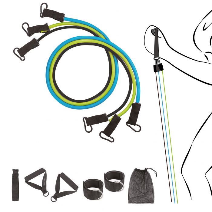 ISSAGE - FIT-ELASTIC - Bretelles élastiques avec poignées<h2>Fortifiez, tonifiez et renforcez tout votre corps avec ses accessoires</h2>
<div style=margin-left:30px;>
<ul>
<li type=disc>1 affichette de porte</li>
<li type=disc>3 bandes avec différentes élasticités (Soft, Medium, Strong)</li>
<li type=disc>2 poignées</li>
<li type=disc>2 sangles de cheville et de poignet</li>
<li type=disc>1 sac de transport</li>
</ul>
</div>

FIT-ELASTIC vous offre un entraînement complet, amusant et efficace que vous pouvez utiliser n'importe où.


Convient pour <b>le haut du corps, les jambes, les abdominaux, le dos, les bras ou les étirements</b>.



Issage a développé une gamme de produits de fitness uniques.
 Combinez-les avec différents entraînements pour des résultats optimaux!