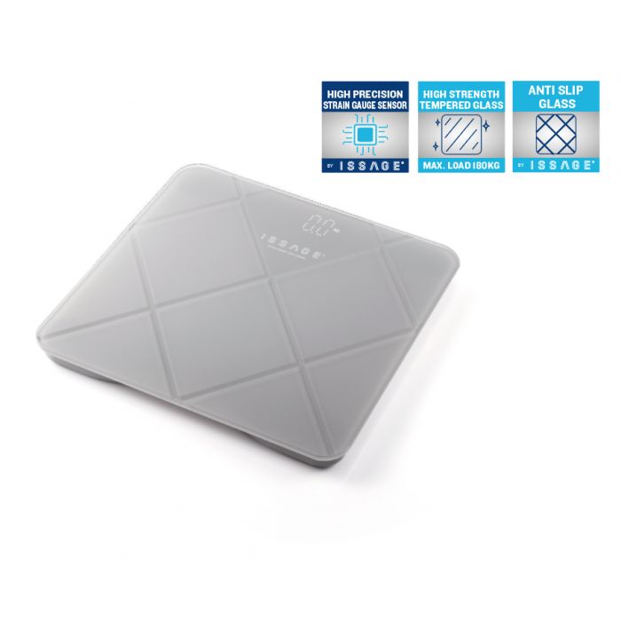 ISSAGE - SAFETTI II - Non-slip bathroom scale<h2>High-precision digital scale with automatic calibration</h2>

<div style=margin-left:30px;>
<ul>
<li type=disc>6 millimeter tempered glass platform</li>
<li type=disc>Non-slip surface</li>
<li type=disc>Easy-to-read numeric display</li>
<li type=disc>Auto on/off</li>
<li type=disc>Weight Capacity: 180kg</li>
<li type=disc>Invisible LED screen</li>
<li type=disc>Requires 3 AAA batteries included</li>
</ul>
</div>


Digital scale with minimalist European design and invisible magic LED screen, which only appears during the measurement.
 Modern numeric display with easy-to-read white dot matrix.


Larger platform, one size fits all, which provides enough space for you to position yourself comfortably.


Manufactured with the latest technology, it guarantees fast and accurate weight measurements up to 180 kg.
 It is equipped with 4 precision strain gauge sensors and a tempered glass platform that provides greater strength and safety.