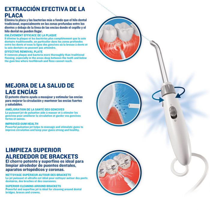 ISSAGE - ORAL JET ULTRA - Irrigador dental elèctric<h2>Elimina el 99,9% de la placa!</h2>

<div style=margin-left: 30px;>
<ul>
<li type = disc>Capacitat del tanc: 600 mil·lilitres</li>
<li type = disc>Potent pulsació amb 1400 polsos per minut</li>
<li type = disc>Flux d'aigua ultra fi de 0.
 6 mm</li>
<li type = disc>Ideal per netejar al voltant de ponts dentals, aparells ortopèdics, brackets i corones</li>
<li type = disc>Filtre/capçal de rotació de 360 graus</li>
<li type = disc>Tub d'aigua d'expansió de 100 centímetres</li>
<li type = disc>2 modes de funcionament (neteja i massatge)</li>
<li type = disc>4 tipus de filtres/capçals amb estoig per a fàcil emmagatzematge</li>
<li type = disc>Apagat automàtic després de 2 minuts sense ús</li>
<li type = disc> Silenciós </li>
<li type = disc>Mànec multifuncional que permet rotar fàcilment 360 graus i reemplaçar el filtre/capçals</li>
<li type = disc>Motor professional AC</li>
</ul>
</div>


L'irrigador dental elèctric ORAL JET ULTRA, ajuda a aconseguir una neteja profunda i unes genives sanes.

Gràcies a la tecnologia Power Jet d'Issage, l'irrigador bucal neteja en profunditat sota la línia de les genives i elimina els bacteris.

Elimina la placa, preveu les càries i les malalties periodontals (gingivitis, periodontitis).