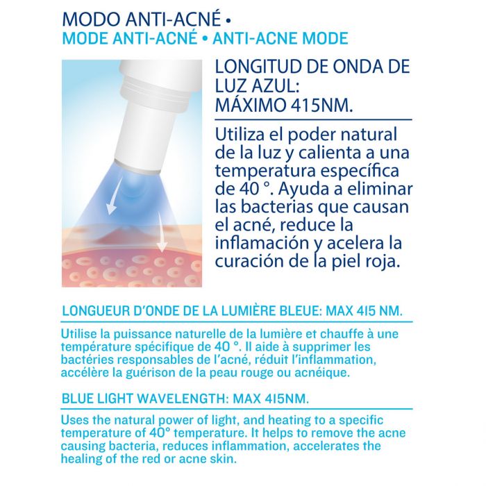 ISSAGE - DERMABLUE - Photonic anti-acne and anti-wrinkle treatment with pulsations<h2>Facial treatment against acne that reduces pimples and inflammations with blue light</h2>

<div style = margin-left: 30px;>
<ul>
<li type = disc>Safe, natural and reusable: treatment without UV rays and without chemicals.
</li>
<li type = disc>Blue light wavelength: Maximum 415 NM</li>
<li type = disc>45 minutes of autonomy</li>
<li type = disc>Blue light photon treatment with 40 degree heat function</li>
<li type = disc>It has an anti-wrinkle lifting function</li>
<li type = disc>Easy to use</li>
<li type = disc>Auto treatment timer</li>
<li type = disc>Auto power off</li>
</ul>
</div>


DERMABLUE uses the natural power of blue light and heats at a specific temperature of 40º.

Helps eliminate acne-causing bacteria, reduces inflammation and speeds healing of red skin.

Blue light therapy treats acne by reducing existing inflamed pimples and fighting new blemishes before they occur.
 The goal is to kill acne-causing bacteria, balance oil, and reduce breakouts.