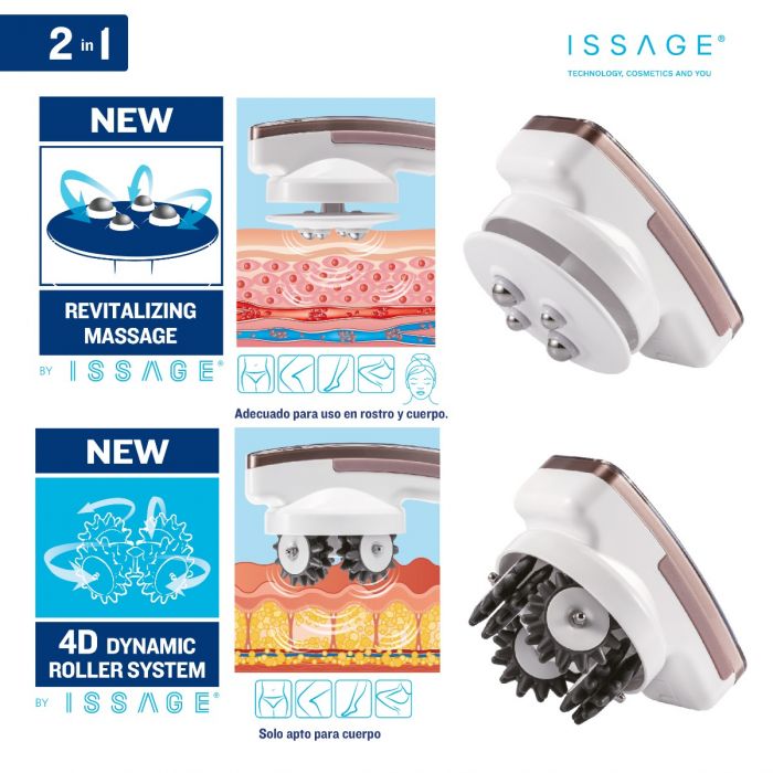 ISSAGE - FIRMAX OPTIMUS - Rechargeable 4D anti-cellulite firming body massager<h2>The most effective and beneficial way to reduce cellulite</h2>
<div style=margin-left:30px;>
<ul>
<li type=disc>2 levels of massage intensity</li>
<li type=disc>2 double rotating and rotating massage heads</li>
<li type=disc>Ergonomic design</li>
<li type=disc>Easy and safe to use</li>
<li type=disc>Relieves health and relaxes mood</li>
<li type=disc>Wireless Design</li>
<li type=disc>Waterproof IPX7 that allows its use under the shower</li>
<li type=disc>Stainless Steel Rotating Ball Massager</li>
<li type=disc>Relaxes the skin and reduces wrinkles, achieving a more radiant skin</li>
<li type=disc>Promotes circulation and lymphatic flow</li>
<li type=disc>Rechargeable</li>
<li type=disc>It has a battery capacity indicator</li>
<li type=disc>Includes charging adapter</li>
</ul>
</div>

Firmax Optimus has a stimulating effect on blood circulation, the basis for noticeably firmer skin.

By means of 2 rotating and rotating double massage heads made of high-quality silicone, the tissue is effectively stimulated.

Remodels the figure and firms the skin with visible effects in two weeks.