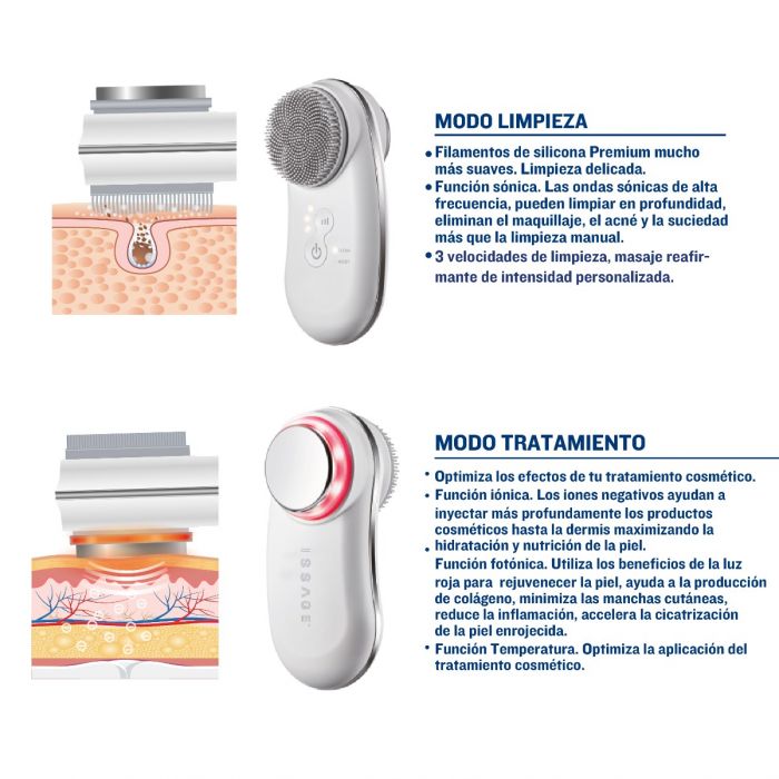 ISSAGE - CLEANSKIN CAPSULE - Nettoyant visage avec traitement SPA DELUXE<h2>Obtenez un nettoyage complet et en profondeur avec le nettoyant pour le visage le plus complet du marché</h2>

<div style=margin-left:30px;>
<ul>
<li type=disc>Nettoyant facial ionique avec fonction photonique, fonction sonique, fonction chaleur et fonction température</li>
<li type=disc>Optimisez les effets de votre traitement cosmétique</li>
<li type=disc>Réduit l'apparence des rides et ridules</li>
<li type=disc>Convient pour une utilisation sous la douche</li>
<li type=disc>Filaments de silicone de qualité supérieure</li>
<li type=disc>Rechargeable (charge complète en 4 heures)</li>
<li type=disc>Socle de chargement USB</li>
<li type=disc>Indicateur LED d'alimentation</li>
<li type=disc>3 vitesses</li>
<li type=disc>Mise hors tension automatique</li>
</ul>
</div>


Nettoyant pour le visage conçu avec des poils en silicone de qualité supérieure beaucoup plus doux pour un nettoyage en douceur.

Avec niveau de résistance à l'eau IPX7, ce qui permet son utilisation sous la douche.

3 vitesses en mode nettoyage et deux en mode traitement.


Intègre la fonction sonique 5800RPM
Les ondes sonores à haute fréquence peuvent nettoyer en profondeur, éliminer le maquillage, l'acné et la saleté plus profondément que le nettoyage manuel.