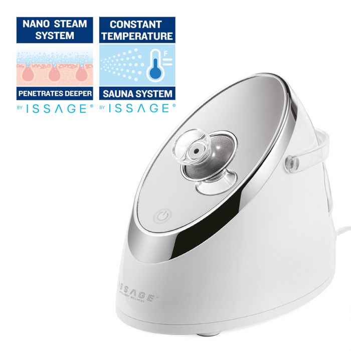ISSAGE - VAPFA NANOSTEAM PRO - Professional nano-ionic facial steamer<h2>Facial sauna with mirror function and adjustable nozzle</h2>


 <div style = margin-left: 30px;>
<ul>
<li type = disc>Keep temperature constant</li>
<li type = disc>Steam nanoparticle spray nozzle</li>
<li type = disc>30-second quick start and 15-minute wide-range continuous steam</li>
<li type = disc>Touch control</li>
<li type = disc>LED light</li>
<li type = disc>Easy lock water tank</li>
<li type = disc>70 milliliter removable reservoir</li>
<li type = disc>Non-slip base for safe use</li>
</ul>
</div>


With VAPFA NANOSTEAM PRO from ISSAGE you will get clean and deeply hydrated skin.
 
Younger skin!


ISSAGE offers you expert treatments thanks to the combination of this device with the latest generation <a href=catalog/category/view/s/cosmetica/id/8039/ target=_self>mediterranean vegetable cosmetics</a> , achieving optimal results.