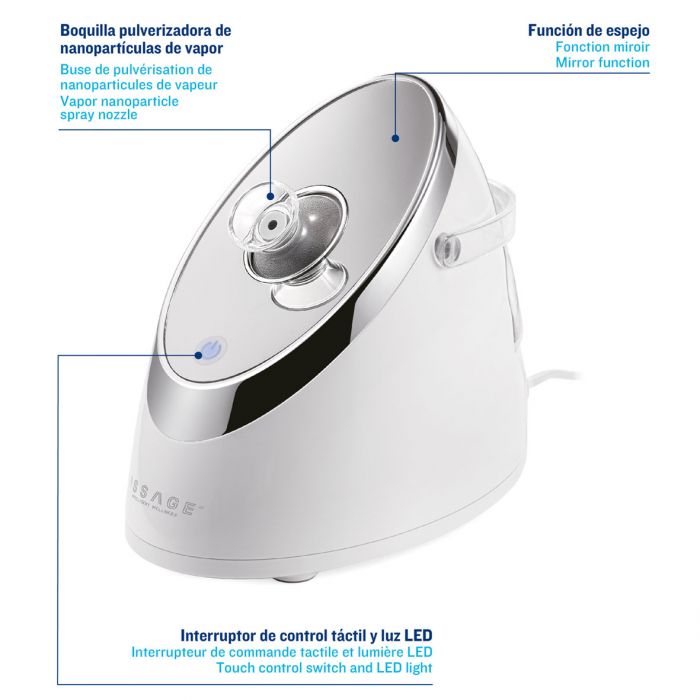 ISSAGE - VAPFA NANOSTEAM PRO - Professional nano-ionic facial steamer<h2>Facial sauna with mirror function and adjustable nozzle</h2>


 <div style = margin-left: 30px;>
<ul>
<li type = disc>Keep temperature constant</li>
<li type = disc>Steam nanoparticle spray nozzle</li>
<li type = disc>30-second quick start and 15-minute wide-range continuous steam</li>
<li type = disc>Touch control</li>
<li type = disc>LED light</li>
<li type = disc>Easy lock water tank</li>
<li type = disc>70 milliliter removable reservoir</li>
<li type = disc>Non-slip base for safe use</li>
</ul>
</div>


With VAPFA NANOSTEAM PRO from ISSAGE you will get clean and deeply hydrated skin.
 
Younger skin!


ISSAGE offers you expert treatments thanks to the combination of this device with the latest generation <a href=catalog/category/view/s/cosmetica/id/8039/ target=_self>mediterranean vegetable cosmetics</a> , achieving optimal results.