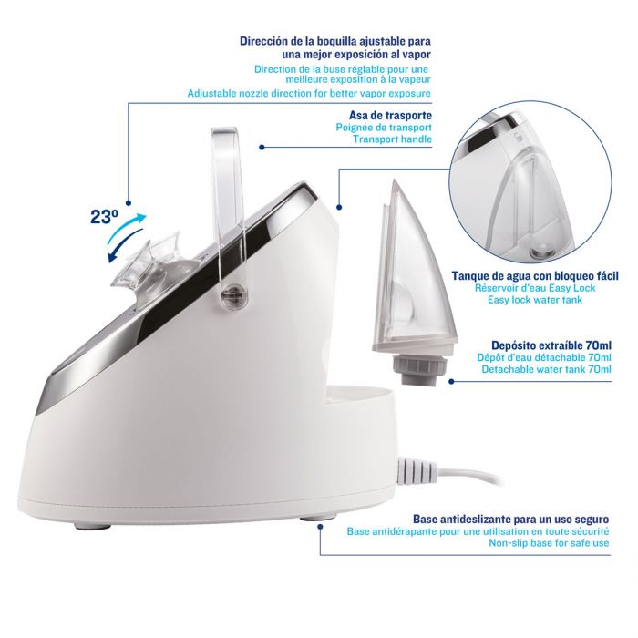 ISSAGE - VAPFA NANOSTEAM PRO - Professional nano-ionic facial steamer<h2>Facial sauna with mirror function and adjustable nozzle</h2>


 <div style = margin-left: 30px;>
<ul>
<li type = disc>Keep temperature constant</li>
<li type = disc>Steam nanoparticle spray nozzle</li>
<li type = disc>30-second quick start and 15-minute wide-range continuous steam</li>
<li type = disc>Touch control</li>
<li type = disc>LED light</li>
<li type = disc>Easy lock water tank</li>
<li type = disc>70 milliliter removable reservoir</li>
<li type = disc>Non-slip base for safe use</li>
</ul>
</div>


With VAPFA NANOSTEAM PRO from ISSAGE you will get clean and deeply hydrated skin.
 
Younger skin!


ISSAGE offers you expert treatments thanks to the combination of this device with the latest generation <a href=catalog/category/view/s/cosmetica/id/8039/ target=_self>mediterranean vegetable cosmetics</a> , achieving optimal results.