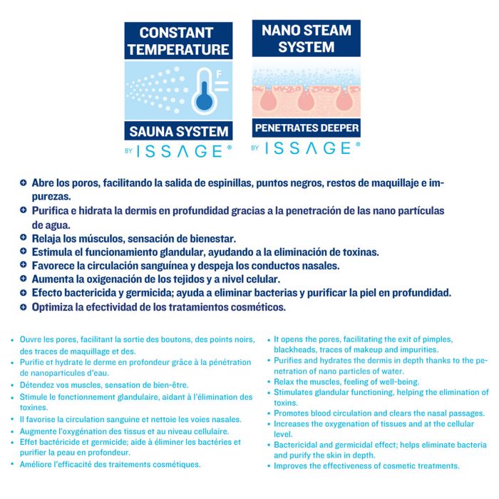 ISSAGE - VAPFA NANOSTEAM PRO - Professional nano-ionic facial steamer<h2>Facial sauna with mirror function and adjustable nozzle</h2>


 <div style = margin-left: 30px;>
<ul>
<li type = disc>Keep temperature constant</li>
<li type = disc>Steam nanoparticle spray nozzle</li>
<li type = disc>30-second quick start and 15-minute wide-range continuous steam</li>
<li type = disc>Touch control</li>
<li type = disc>LED light</li>
<li type = disc>Easy lock water tank</li>
<li type = disc>70 milliliter removable reservoir</li>
<li type = disc>Non-slip base for safe use</li>
</ul>
</div>


With VAPFA NANOSTEAM PRO from ISSAGE you will get clean and deeply hydrated skin.
 
Younger skin!


ISSAGE offers you expert treatments thanks to the combination of this device with the latest generation <a href=catalog/category/view/s/cosmetica/id/8039/ target=_self>mediterranean vegetable cosmetics</a> , achieving optimal results.