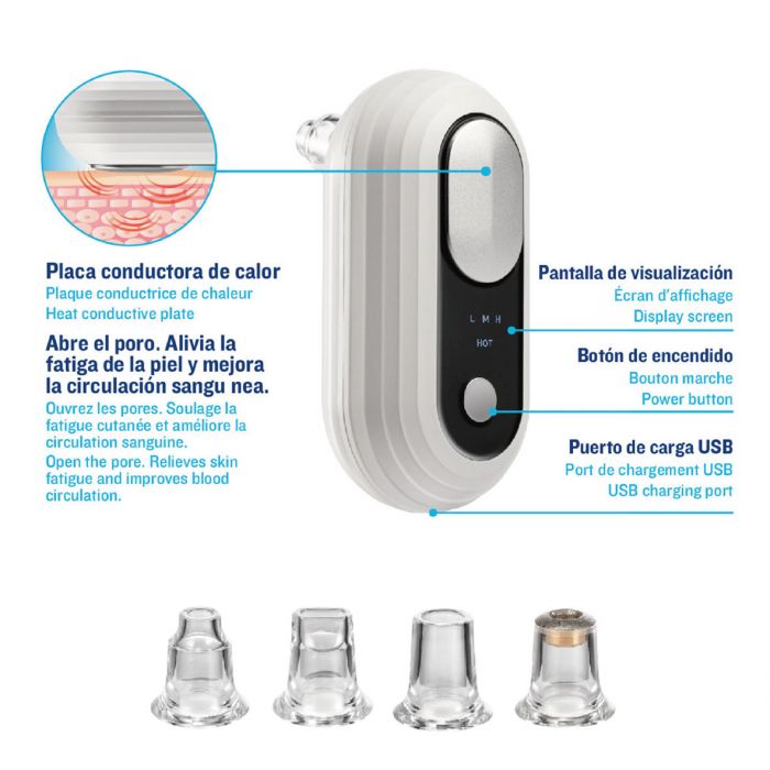 ISSAGE - SCHONER H5 - Electric Facial Pore Cleanser with 4 Heads<h2>Opens, cleans pores and firms your skin easily</h2>

<div style=margin-left:30px;>
<ul>
<li type=disc>3 level custom suction setting</li>
<li type=disc>Pore opening in heat mode at 45º</li>
<li type=disc>120 minutes of battery life</li>
<li type=disc>LED indicator light for operating mode</li>
<li type=disc>USB charging cable included</li>
<li type=disc>Rechargeable lithium battery</li>
<li type=disc>Portable and ergonomic design for use at home or on the go</li>
<li type=disc>Easy to use</li>
</ul>
</div>

Electric facial pore cleaner with heat mode 5 in 1 ideal for the care of your face.


Easily open, clean pores and firm your skin thanks to Issage's pore suction system.
 The heat-conducting plate, at 45º, opens the pore, relieves skin fatigue and improves blood circulation.


Suitable for women and men, this pore and blackhead suction for face incorporates 3 personalized suction settings on 3 levels.