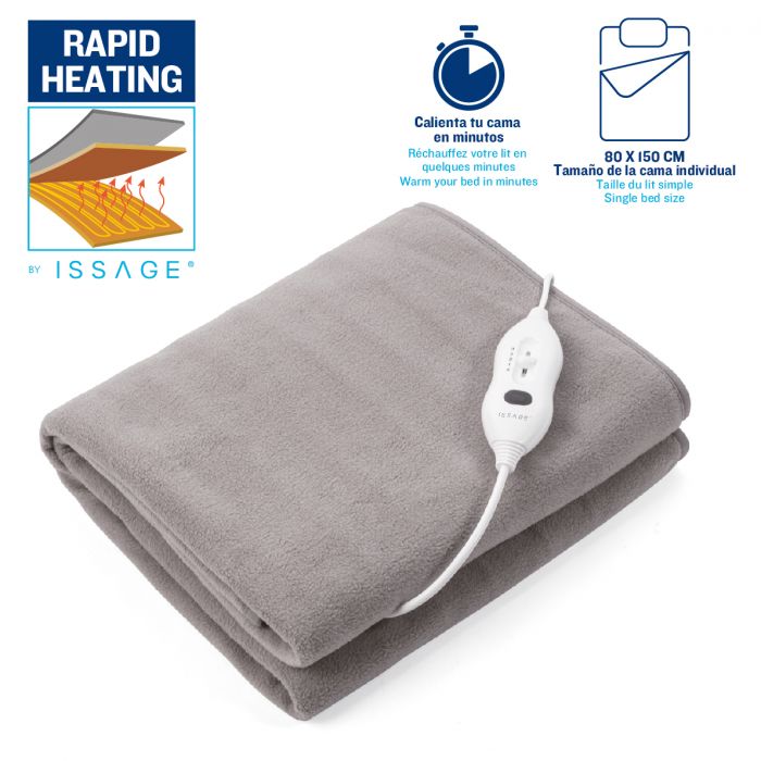 ISSAGE - RELI-BLANKET L - Couverture électrique 80x150 centimètres pour lit simple<h2>Parfait pour les mois d'hiver froids et les périodes de transition</h2>
<div style=margin-left : 30px ;>
<ul>
<li type=disc>3 niveaux de température personnalisables</li>
<li type=disc>Câble d'alimentation de 2,35 mètres avec contrôleur</li>
<li type=disc>Protection contre la surchauffe</li>
<li type=disc>Puissance de 60 W</li>
<li type=disc>Fabriqué avec de la laine, idéal pour un bon repos et bien-être</li>
<li type=disc>Couleur grise</li>
<li type=disc>Répartition homogène de la chaleur</li>
<li type=disc><a href=/fr/catalogsearch/result/?q=RELI-BLANKET target=_self>Disponible en différentes tailles</a></li>
</ul>
</div>
 Chauffez votre lit en quelques minutes et personnalisez la température à votre guise grâce à ses 3 niveaux de température réglables à 30, 40 et 50°