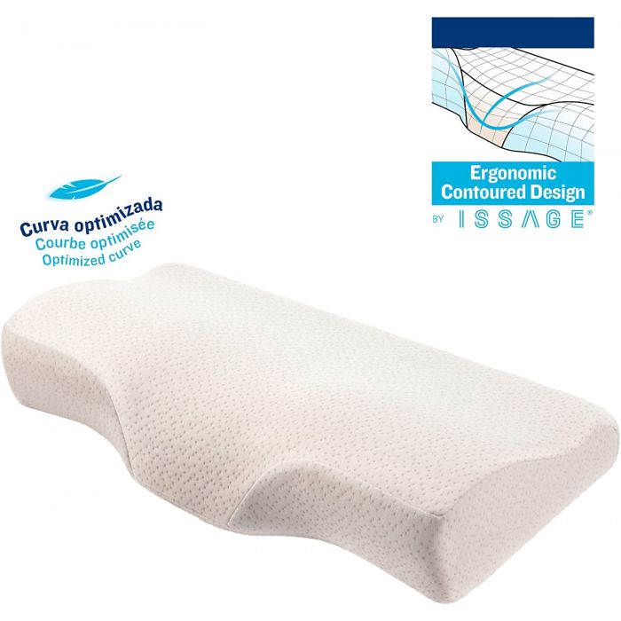 ISSAGE - ERGOCOMP - Coixí cervical ergonòmic d'escuma viscoelàstica<h2>Dorm millor! La corba optimitzada del coixí permet alinear l'esquena durant el descans</h2>

<div style=margin-left:30px;>
<ul>
<li type=disc>Disseny ergonòmic que respecta el contorn natural del coll</li>
<li type=disc>Fabricat amb materials naturals</li>
<li type=disc>L'escuma interior torna sempre al seu estat original sense deformar-se</li>
<li type=disc>Compta amb una cavitat de control central que bressola el cap i el coll de manera òptima</li>
<li type=disc>Amb àrea de protecció cervical que ajuda a mantenir la corba natural del coll</li>
<li type=disc>Panels de suport convexos que s'adapten a l'alçada de les espatlles per dormir de costat</li>
<li type=disc>Brinda alleugeriment terapèutic per als mals de coll i cervicals</li>
<li type=disc>Funda amb cremallera totalment rentable
</li>
</ul>
</div>


La viscoelàstica és un material que va ser desenvolupat per la NASA especialment concebut per reduir i alleujar al màxim la pressió que els cossos dels astronautes patien a l'hora d'enlairar-se i aterrar.
 És ideal per dormir de panxa enlaire o de costat, ja que compensa la sensació de suspensió i s'ajusta perfectament a les espatlles i al coll.