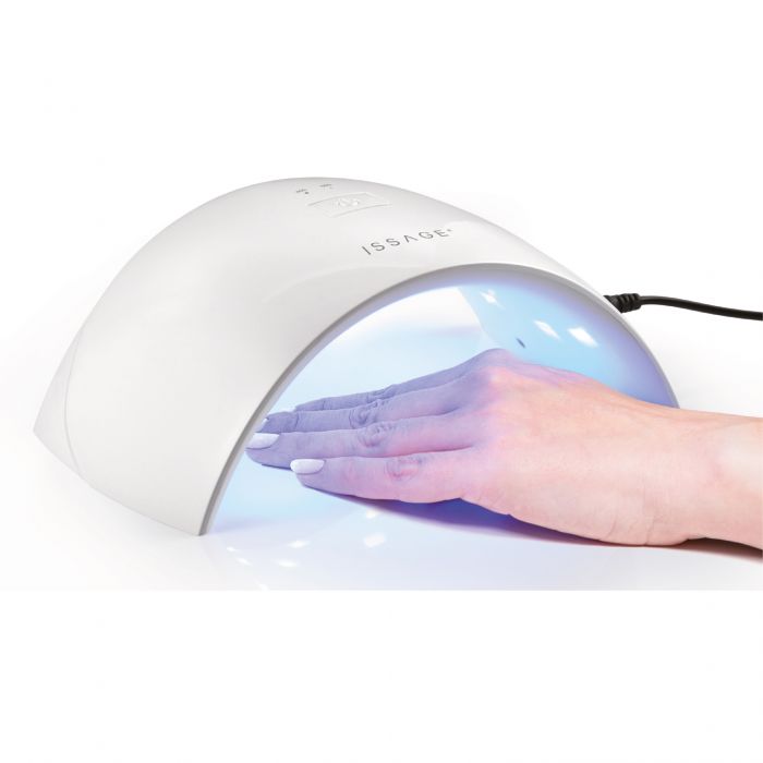 ISSAGE - LEDMOON - UV LED nail lamp with timer and motion sensor<h2>Comfortable Nai Art center experience at home</h2>
<div style=margin-left:30px;>
<ul>
<li type=disc>Customizable 30 and 60 second timer</li>
<li type=disc>Infrared motion sensor, automatically turns on and off when hands or feet are inserted or removed</li>
<li type=disc>Guarantees a perfect finish very quickly</li>
<li type=disc>15 LED and UV lights</li>
</ul>
</div>


Issage's Ledmoon lamp works with ultraviolet and LED light, so that it quickly and safely hardens the manicure of hands and feet, guaranteeing a perfect finish very quickly.

The LED lights are completely respectful with the skin and the eyes, and are also compatible with any type of nail gel.
 
The Ledmoon lamp has a light spectrum that covers practically any type of enamel and technique.
 It is compatible with gel nails, restorative gels, Nail Art and practice any nail polish and technique.