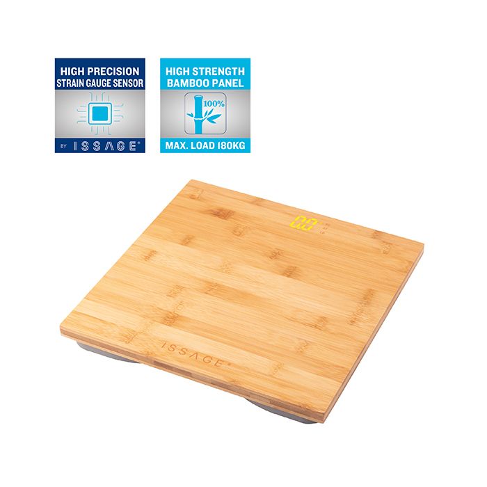 ISSAGE - SAFETTI BOO - Digital bamboo bathroom scale<h2>High-precision digital wireless scale with the latest technology</h2>
<div style=margin-left:30px;>
<ul>
<li type=disc>Setting unit of measure in KG, ST and LB</li>
<li type=disc>Issage HIGH PRECISION STRAIN GAUGE SENSOR</li>
<li type=disc>Auto zero reset</li>
<li type=disc>Overload indicator</li>
<li type=disc>Invisible magic LED display</li>
<li type=disc>Low battery indicator</li>
<li type=disc>Easy-to-read numeric display</li>
<li type=disc>Auto power off function</li>
<li type=disc>Weight Capacity: 180kg</li>
<li type=disc>Ultra-thin 1.
 5 centimeter non-slip bamboo platform (HIGH STRENGTH BAMBOO PANEL)</li>
<li type=disc>Non-slip rounded design on the base</li>
<li type=disc>Dimensions: 30x30 centimeters</li>
<li type=disc>Requires 3 AAA batteries included</li>
</ul>
</div>

Non-slip digital scale with bamboo design, an easy-to-clean, sustainable and ultra-resistant material.
 Simple, precise and light.


Larger platform, one size fits all, which provides enough space for you to position yourself comfortably.