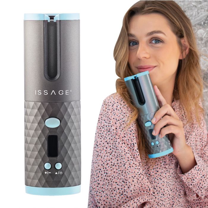 ISSAGE - ISCURL - Mini professional titanium and ceramic hair curler<h2>Perfect curls and waves, anywhere!</h2>
<div style=margin-left:30px;>
<ul>
<li type=disc>Interior titanium and ceramic coating (TITANIUM CERAMIC COATING by ISSAGE)</li>
<li type=disc>Cordless, portable, compact and ergonomic design</li>
<li type=disc>Wireless</li>
<li type=disc>Intelligent induction motor that prevents hair from getting tangled</li>
<li type=disc>Built-in high capacity 5000 mAh rechargeable battery</li>
<li type=disc>Charging time 3-4 hours</li>
<li type=disc>Auto power off after 10 minutes of non-use for maximum protection</li>
<li type=disc>LCD display with charge indicator, curl direction, temperature and time setting</li>
<li type=disc>DC 5V 2A output device for use as Power Bank to charge the phone</li>
<li type=disc>Micro USB charging cable included</li>
<li type=disc>Easy to save</li>
</ul>
</div>

Mini curling iron <b>with an intelligent induction motor and interior titanium coating</b> that maximizes the curling effect with just one button.