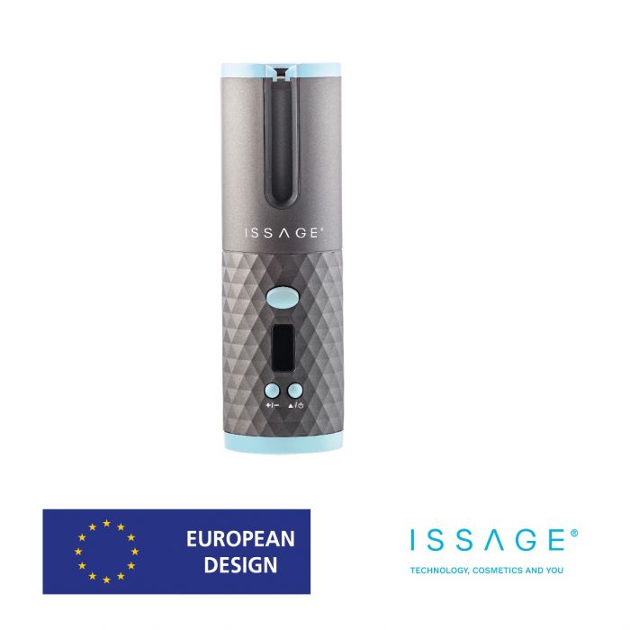 ISSAGE - ISCURL - Mini professional titanium and ceramic hair curler<h2>Perfect curls and waves, anywhere!</h2>
<div style=margin-left:30px;>
<ul>
<li type=disc>Interior titanium and ceramic coating (TITANIUM CERAMIC COATING by ISSAGE)</li>
<li type=disc>Cordless, portable, compact and ergonomic design</li>
<li type=disc>Wireless</li>
<li type=disc>Intelligent induction motor that prevents hair from getting tangled</li>
<li type=disc>Built-in high capacity 5000 mAh rechargeable battery</li>
<li type=disc>Charging time 3-4 hours</li>
<li type=disc>Auto power off after 10 minutes of non-use for maximum protection</li>
<li type=disc>LCD display with charge indicator, curl direction, temperature and time setting</li>
<li type=disc>DC 5V 2A output device for use as Power Bank to charge the phone</li>
<li type=disc>Micro USB charging cable included</li>
<li type=disc>Easy to save</li>
</ul>
</div>

Mini curling iron <b>with an intelligent induction motor and interior titanium coating</b> that maximizes the curling effect with just one button.
