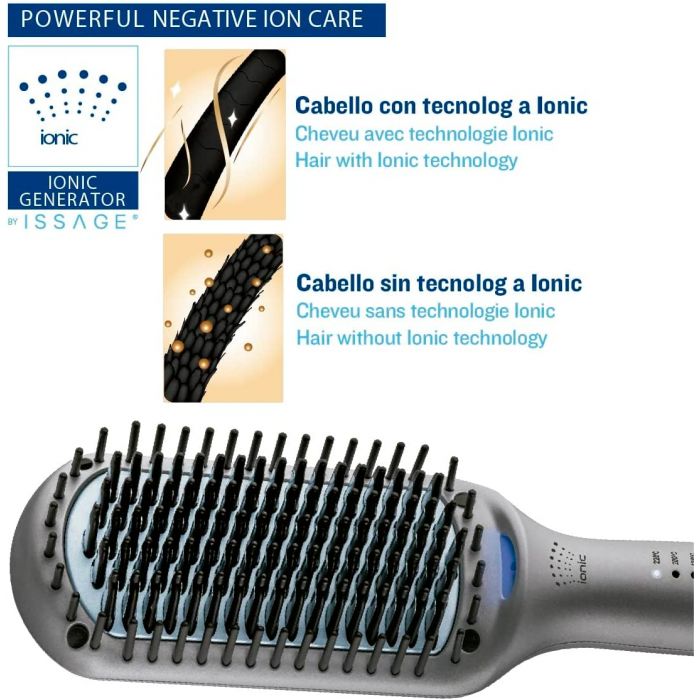 ISSAGE - TUTTO PLUS ION - Ionic straightening brush<h2>Your soft, smooth and frizz-free hair in a short time and effortlessly</h2>

<div style=margin-left:30px;>
<ul>
<li type=disc>Ceramic bristles that emit heat (ISSAGE CERAMIC HEATING SYSTEM)</li>
<li type=disc>Vertical bristles</li>
<li type=disc>5 customizable temperature settings with LED light: 140ºC, 160ºC, 180ºC, 200ºC, 220ºC</li>
<li type=disc>Negative ion indicator light</li>
<li type=disc>With self-protection system</li>
<li type=disc>2 meter long 360° swivel cable</li>
<li type=disc>Heat and immediate temperature increase</li>
<li type=disc>Cold Touch</li>
<li type=disc>Suitable for all hair types</li>
<li type=disc>Auto-off function after 30 minutes</li>
<li type=disc>Ergonomic design for optimal grip</li>
<li type=disc>Works connected to the electrical network</li>
</ul>
</div>


<b>2 in 1</b>.
 Smooth and untangle.



Issage's ion generator, POWERFUL NEGATIVE ION CARE, prevents frizz by increasing sliding power and high heat transmission to achieve shinier, silkier hair, with more vitamins and more protection for your hair.
 The heat emitted penetrates the center of the hair fiber, protecting the sensitive outer layer and achieving intensive hair care.