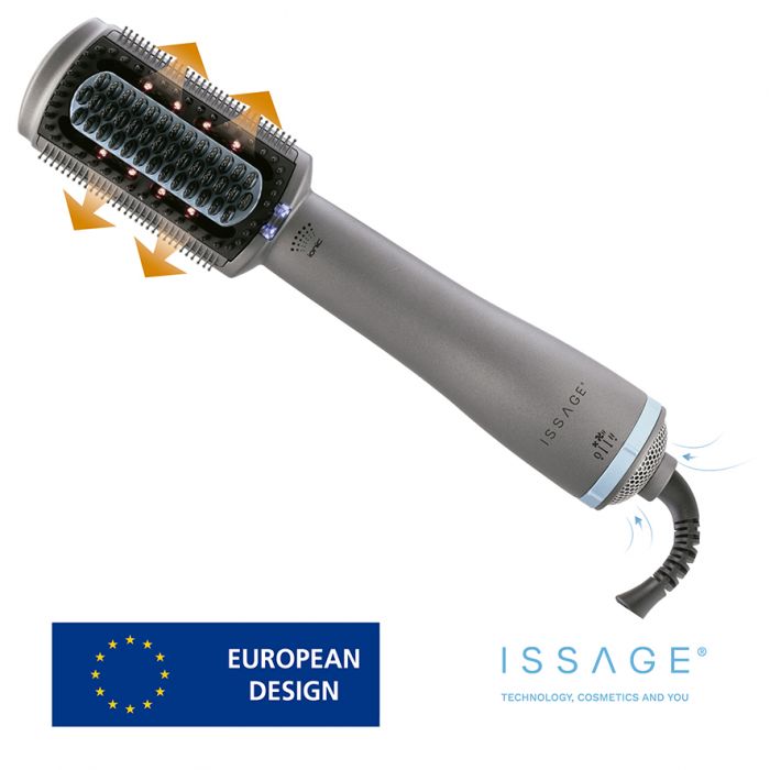 ISSAGE - TUTTO ION AIR - Ionic straightening brush with drying function and infrared energy<h2>Smooth, frizz-free hair in no time and effortlessly!</h2>

<div style=margin-left:30px;>
<ul>
<li type=disc>500W power</li>
<li type=disc>2 meter long 360° rotating cable and dust cover</li>
<li type=disc>Heat and immediate temperature increase</li>
<li type=disc>Negative ion indicator light</li>
<li type=disc>Blue tourmaline ceramic coated bristles glide through hair without tangling</li>
<li type=disc>With ion function and infrared energy</li>
<li type=disc>Suitable for all hair types</li>
<li type=disc>3 temperature and airflow settings</li>
<li type=disc>Cold Touch</li>
<li type=disc>Ergonomic design for optimal grip</li>
<li type=disc>With self-protection system</li>
<li type=disc>Works connected to the electrical network</li>
</ul>
</div>


3 in 1.
 <b>Brush, dryer and straightener</b>.
 Smooth, detangle and dry.


Thanks to the new ISSAGE HEATING DUO system, it straightens, curls and gives volume quickly and safely.


The ion generator prevents frizz and protects the hair.


Infrared energy offers you extra shine and softness for your hair.


Hot air brush that leaves your hair soft, smooth and without frizz.


With ion generator that takes care of your hair.